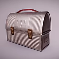 Vintage Metal Dinnerware Set With Red Handle Striped Design And Portable Storage