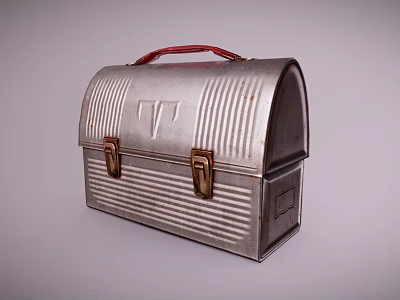 Vintage Metal Dinnerware Set With Red Handle Striped Design And Portable Storage 3d model