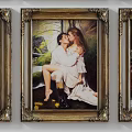 Multiple Classical Portrait Paintings in Ornate Frames with Historical Dresses and Background Details