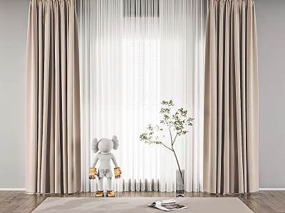 Beige Curtains With Sheer Panels In Bright Indoor Space With Small Plant And Figurine 3d model