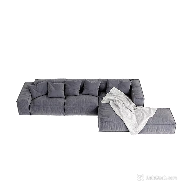 Plush Gray Sectional Sofa with Multiple Cushions Ottoman and White Blanket in Living Room 3d model 