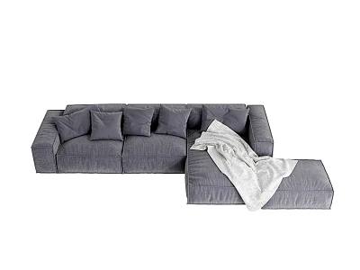 Plush Gray Sectional Sofa with Multiple Cushions Ottoman and White Blanket in Living Room 3d model
