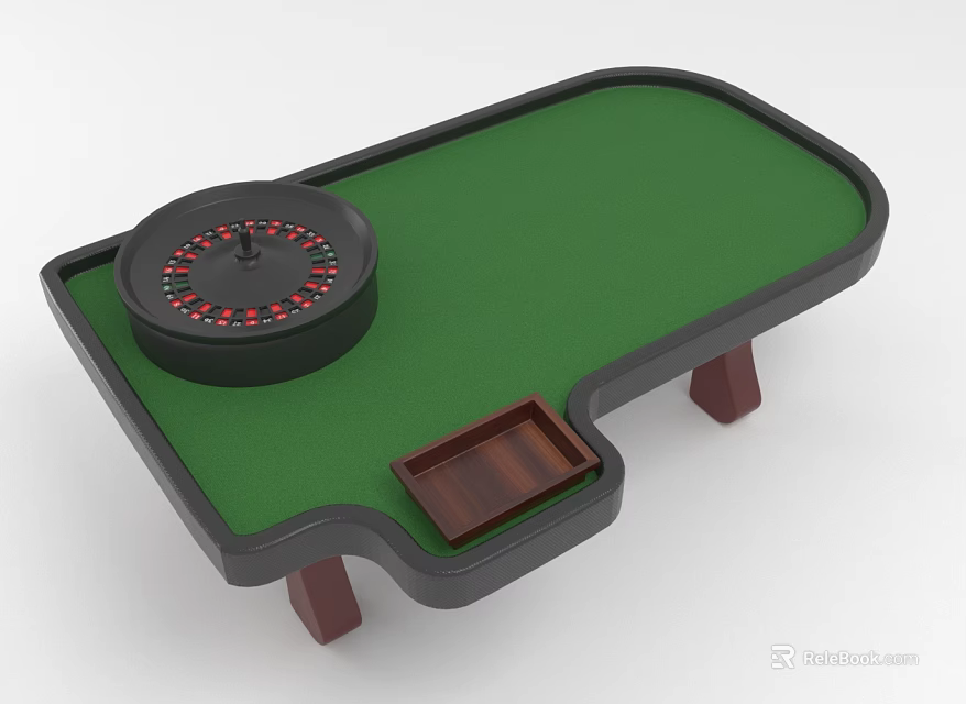 Entertainment Table with Green Surface Roulette Wheel Wooden Tray and Brown Legs 3d model 