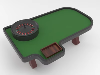 Entertainment Table with Green Surface Roulette Wheel Wooden Tray and Brown Legs 3d model