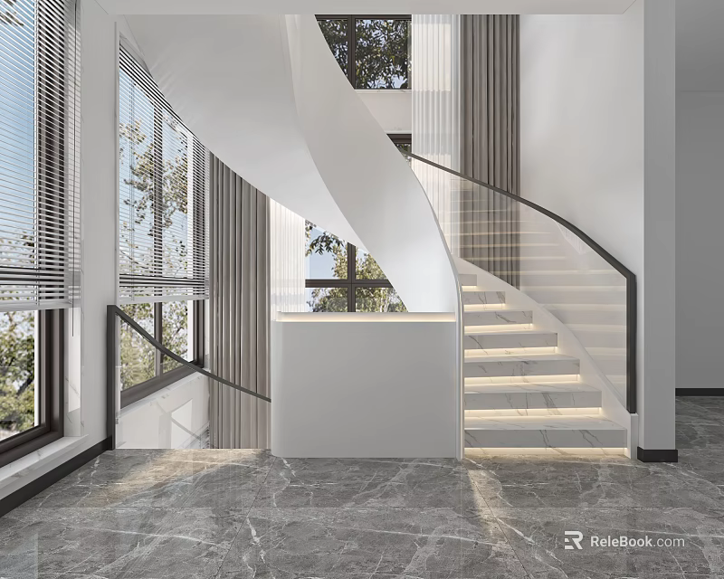 Modern Curved Staircase Interior Design Featuring Glass Railing Marble Floor And Natural Light 3d model 