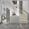 Modern Curved Staircase Interior Design Featuring Glass Railing Marble Floor And Natural Light