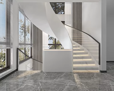 Modern Curved Staircase Interior Design Featuring Glass Railing Marble Floor And Natural Light 3d model