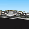 Modern Building Geometric Design With Large Glass Windows Yellow Roof And Lawn Pathway Trees