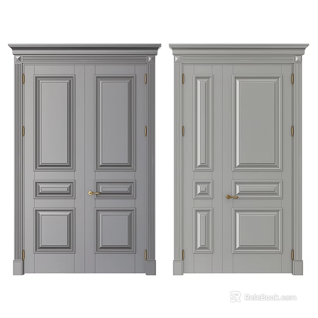 Modern Gray Hinged Interior Doors With Panel Design And Golden Handles 3d model