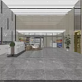 Modern Lobby Reception Desk With Marble Floor Plants Sofa And Display Shelves