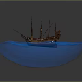 Antique Brown Sailing Ship Model On Blue Water Base With Multiple Masts And Detailed Design
