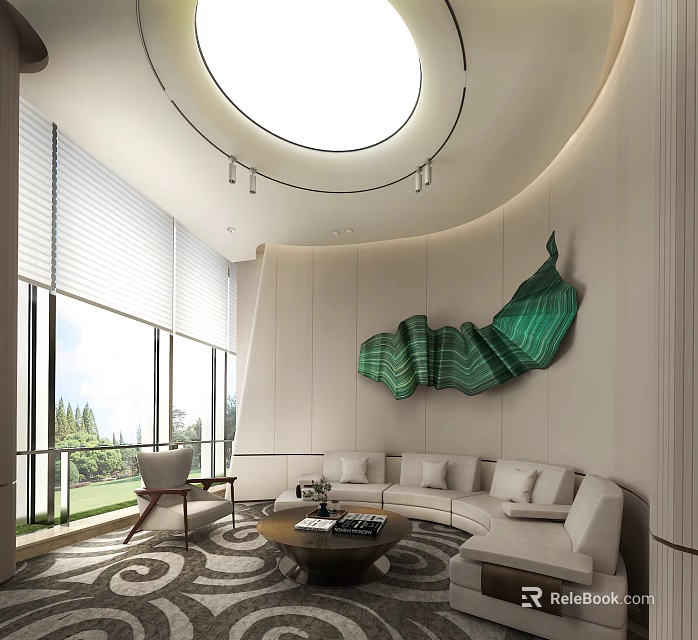 Modern Sales Office Interior With Curved Walls Skylight And Green Artwork Sofa Area 3d model 