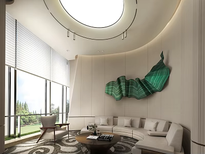 Modern Sales Office Interior With Curved Walls Skylight And Green Artwork Sofa Area 3d model