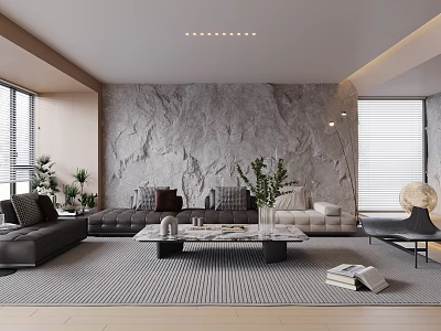 Modern Living Room Interior With Marble Wall Sofa Coffee Table And Floor To Ceiling Windows 3d model
