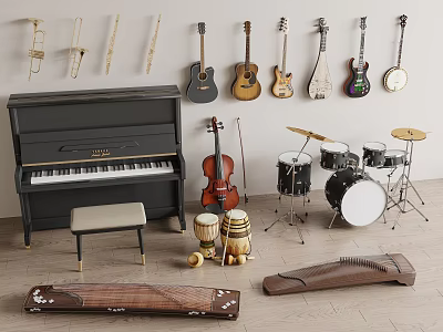 Diverse Collection of Musical Instruments with Piano Guitars Violin Drum Set String and Percussion Instruments 3d model