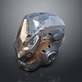Futuristic Weapon Helmet With Metallic Texture Mechanical Parts And Worn Details