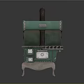 Vintage Style Green Stove Featuring Metal Parts Knobs And Decorative Stand