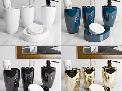Modern Bathroom Essentials Set With White Blue Black Gold Soap Dispensers And Dishes 3d model