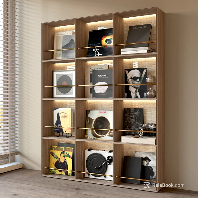 Modern Wooden Bookcase With Multi Layered Shelves Vinyl Records Books And Decorative Items 3d model 