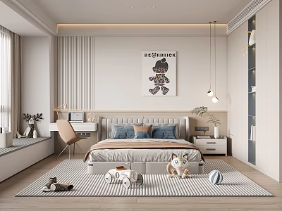 Modern Kids Bedroom Interior With Bed Desk Toys Rug Artwork And Bookshelf 3d model