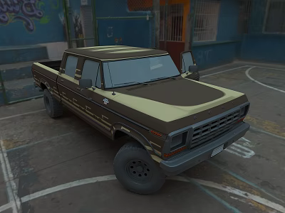 Brown And Beige Pickup Truck Parked By Blue Building With Graffiti Basketball Court White Lines 3d model