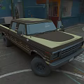 Brown And Beige Pickup Truck Parked By Blue Building With Graffiti Basketball Court White Lines