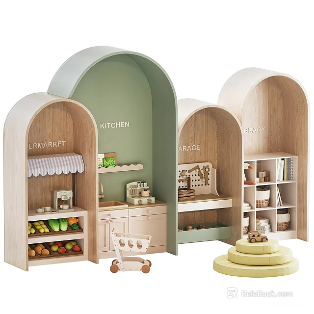 Colorful Kids Play Area With Arched Market Kitchen Garage Baby Sections And Toys 3d model 
