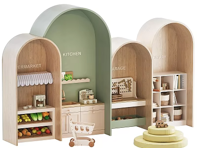 Colorful Kids Play Area With Arched Market Kitchen Garage Baby Sections And Toys 3d model