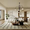 Warm Neutral Vintage Open Plan Living And Dining Room Interior With Chic Natural Wood Furnishings