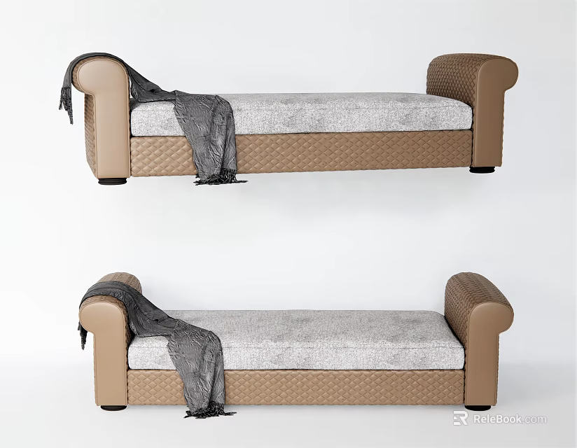 Modern Brown Frame Ottoman With Gray Tufted Cushion And Throw Blanket 3d model 