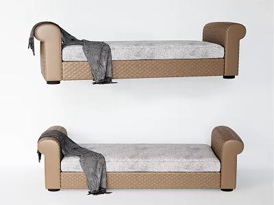 Modern Brown Frame Ottoman With Gray Tufted Cushion And Throw Blanket 3d model