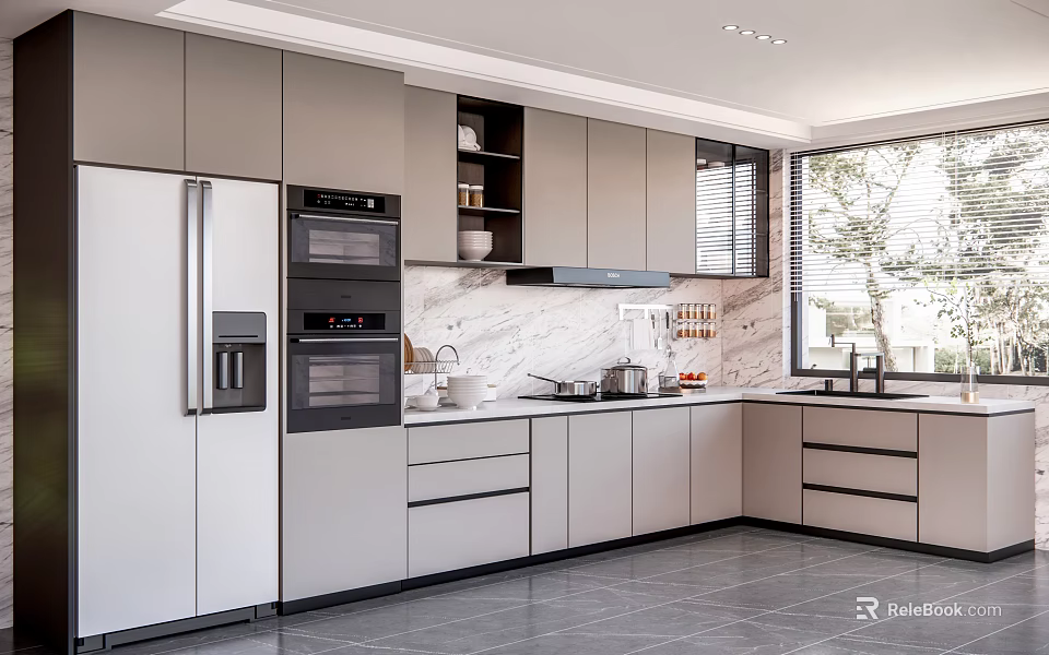 Modern Kitchen Interior Design With Light Gray Cabinets Marble Counter And Stainless Steel Appliances 3d model 