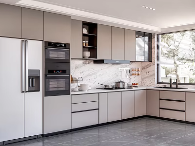 Modern Kitchen Interior Design With Light Gray Cabinets Marble Counter And Stainless Steel Appliances 3d model