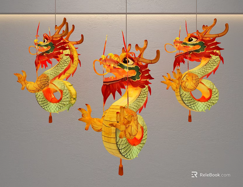 Traditional Chinese Dragon Shaped Hanging Lanterns Featuring Yellow Red Design for Festivals 3d model 