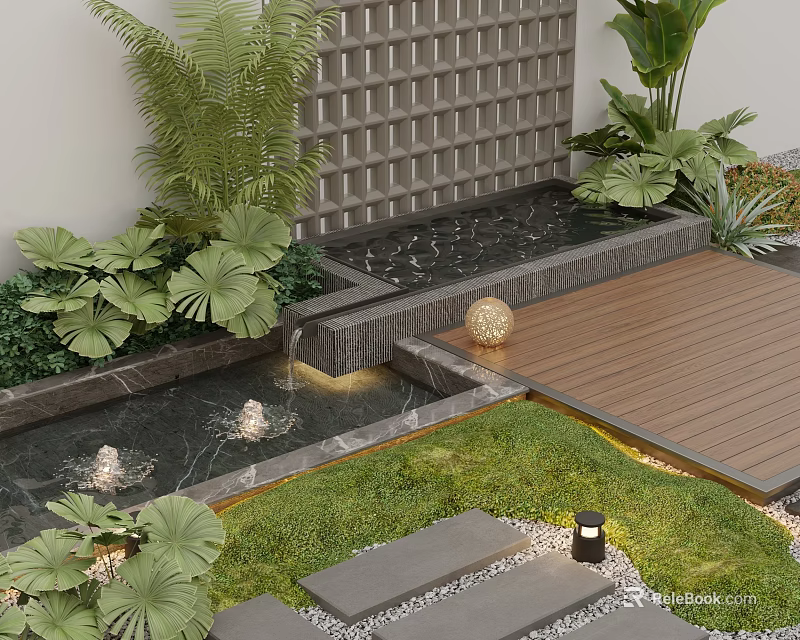 Layered Water Fountain with Lush Greenery Wooden Deck and Path Lights 3d model 
