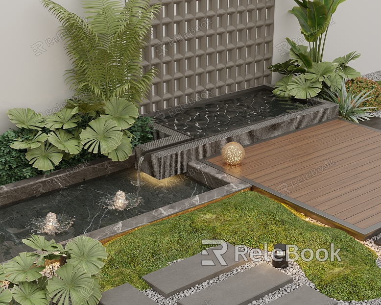 Garden Pool Waterscape Landscape Plant Combination model