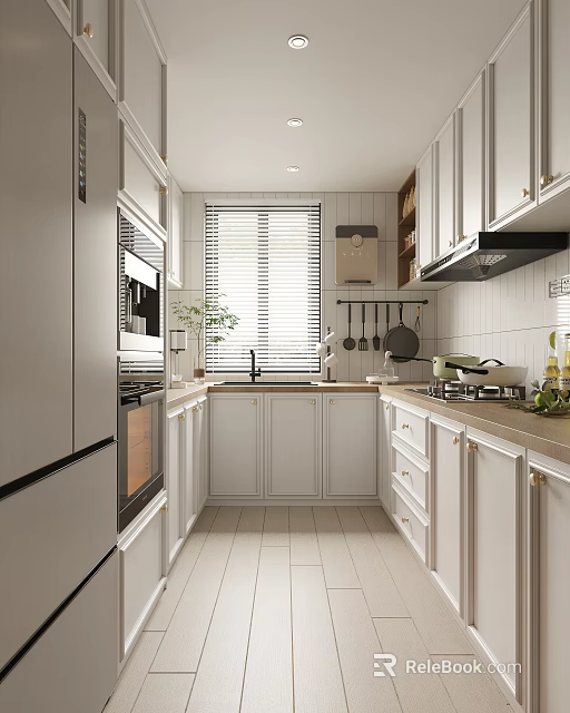 Modern Kitchen Interior With White Cabinets Stainless Steel Appliances And Tile Backsplash 3d model 