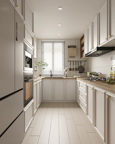 Modern Kitchen Interior With White Cabinets Stainless Steel Appliances And Tile Backsplash 3d model
