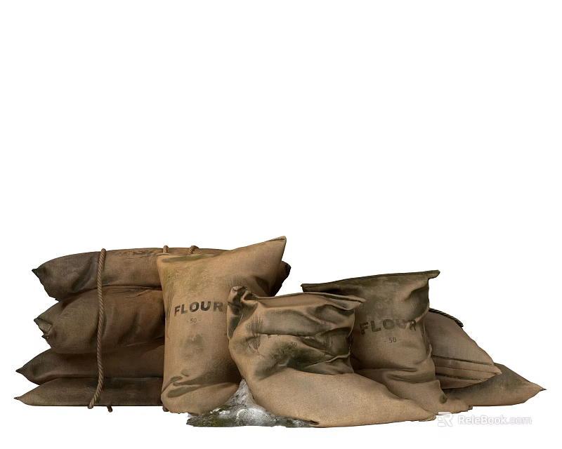 Jute Flour Bags Stacked And Scattered With Spilled Flour On Floor 3d model 