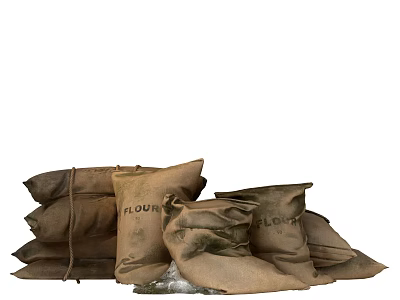Jute Flour Bags Stacked And Scattered With Spilled Flour On Floor 3d model