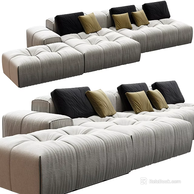 Gray Sectional Sofa With Tufted Design And Black Gold Cushions For Living Room 3d model 