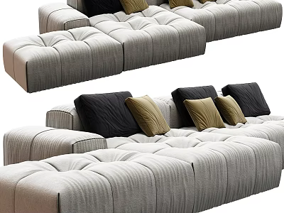 Gray Sectional Sofa With Tufted Design And Black Gold Cushions For Living Room 3d model