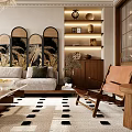 Modern Living Room Interior With Sofa Coffee Table Arched Decorative Panels Woven Chandelier And Plants