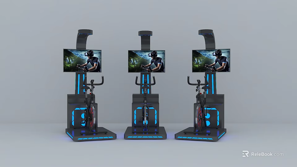 Three Modern Interactive Fitness Bikes With Screen Displays And Blue Lighting 3d model 