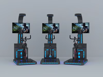 Three Modern Interactive Fitness Bikes With Screen Displays And Blue Lighting 3d model