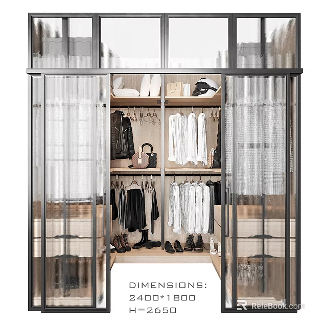 Modern Walk-in Closet Interior With Transparent Curtains Hanging Clothes Bags And Shoes 3d model 