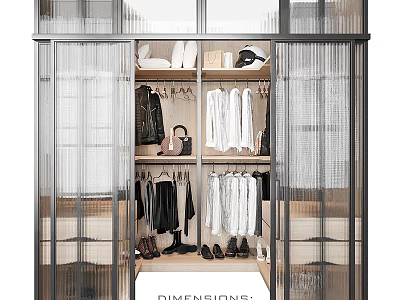 Modern Walk-in Closet Interior With Transparent Curtains Hanging Clothes Bags And Shoes 3d model