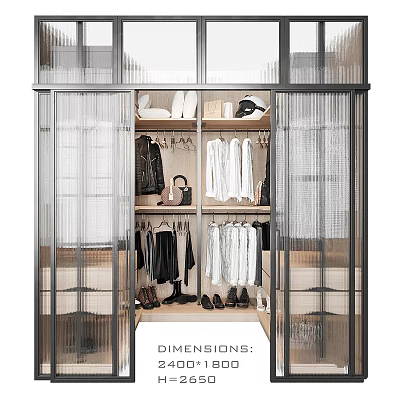 Modern Walk-in Closet Interior With Transparent Curtains Hanging Clothes Bags And Shoes 3d model
