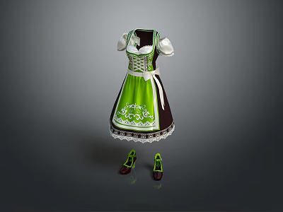 Green And Brown Traditional Women's Dress With Short Sleeves White Lace Trim And Matching Shoes 3d model