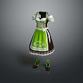 Green And Brown Traditional Women's Dress With Short Sleeves White Lace Trim And Matching Shoes